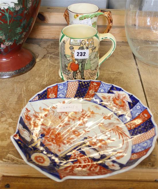 Two pottery mugs and an Imari dish